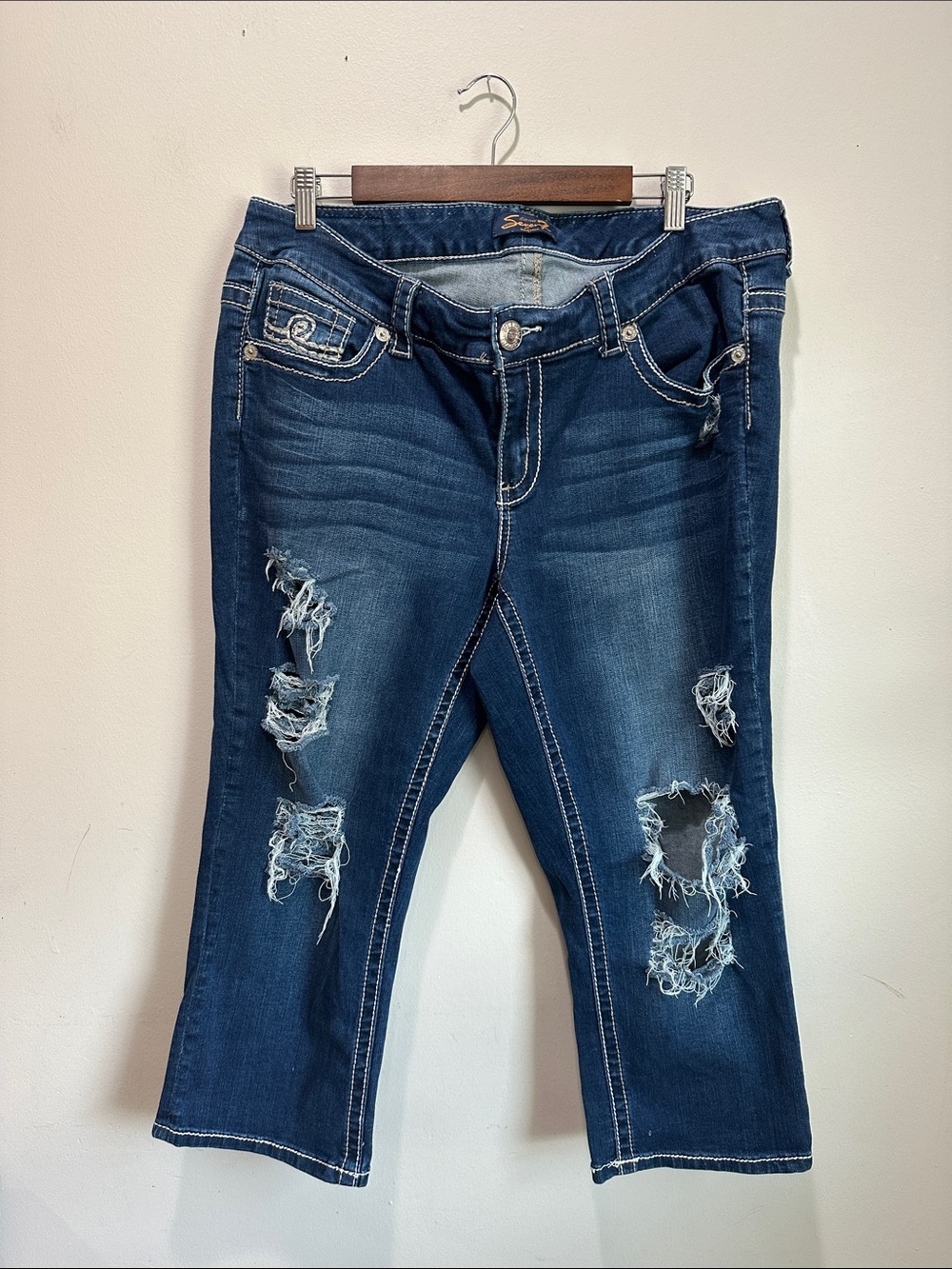 Seven7 Dark Blue Distressed Cropped Jeans with Frayed Rips